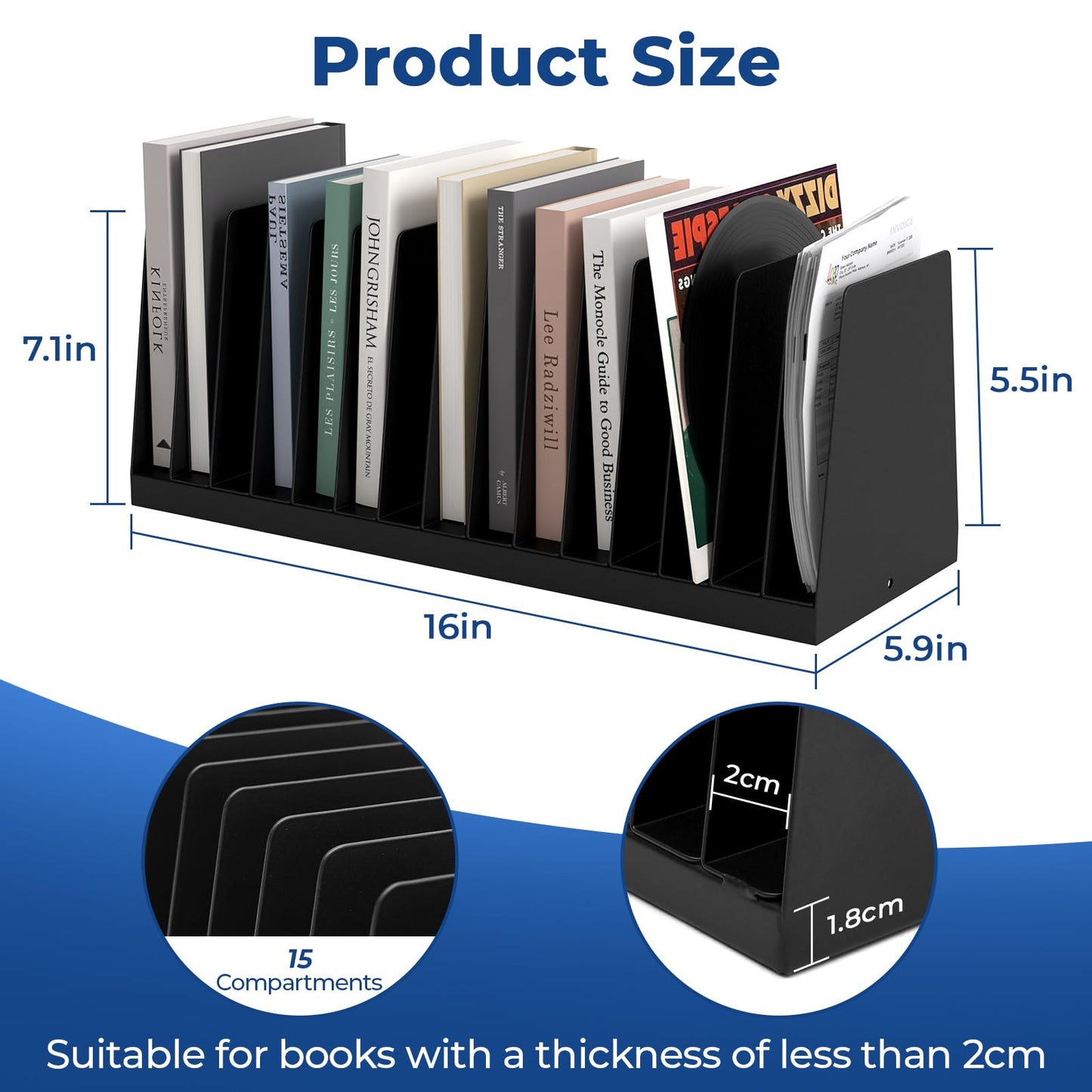 Inracity 2 Pack Vertical Metal Desk File Organizer, 15 Compartments Desktop Document Sorter & Mail Holder, Heavy-Duty Metal with Scratch & Chip-Resistant Finish for Office, Home, Classroom Use, Black