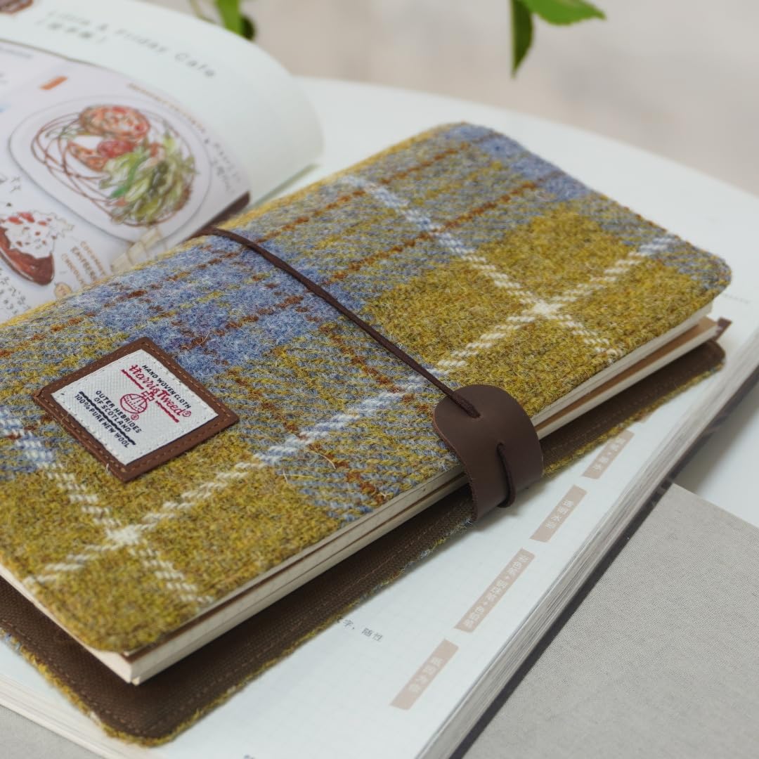 TAILORMAP Harris Tweed Travel Journal, Soft Cover Travelers Notebook - 8.7" x 5.0",Refillable with One Blank Inserts, Standard Size (Yellow Blue Plaid)
