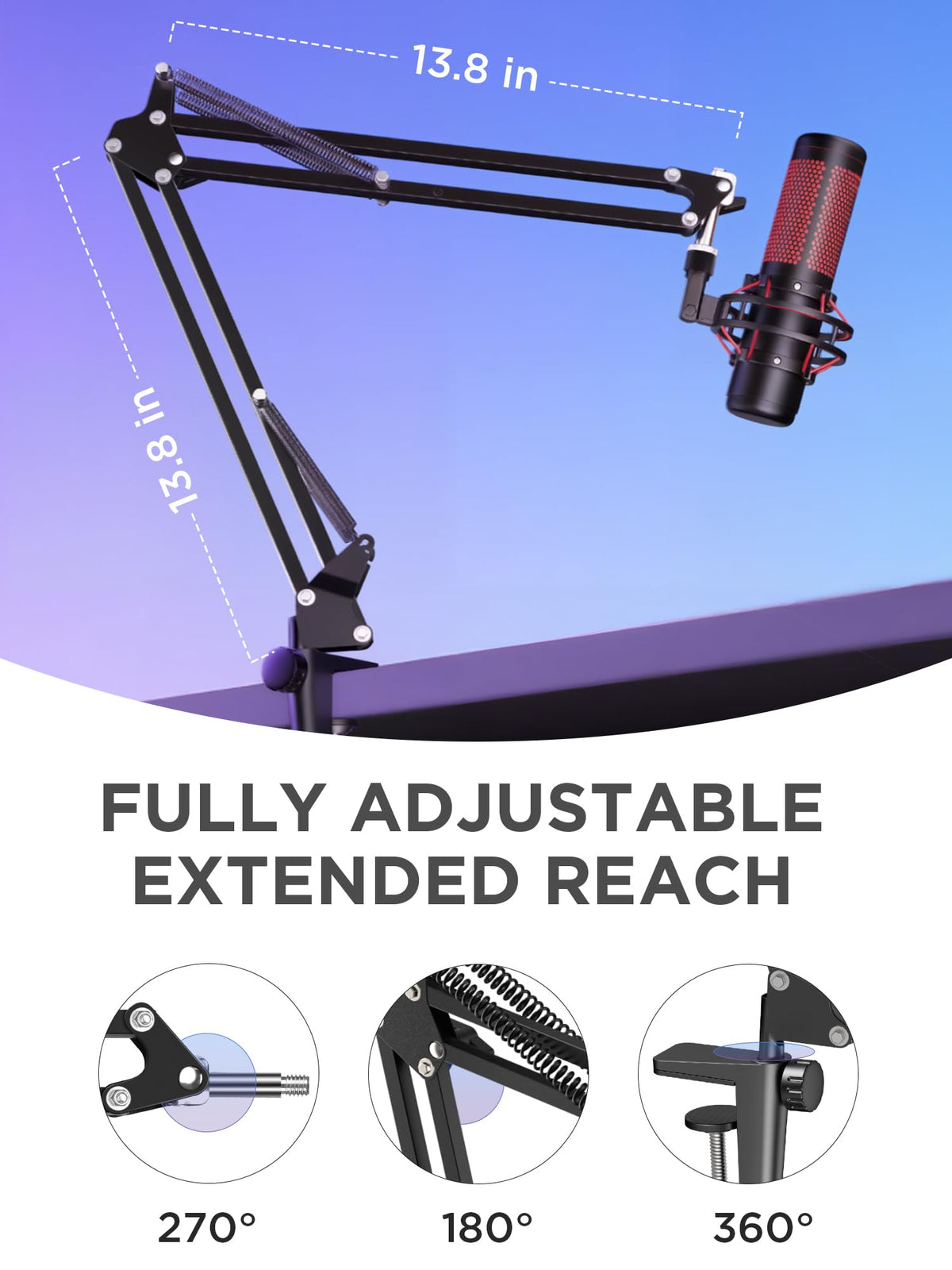 InnoGear Boom Arm Microphone Mic Stand for Blue Yeti HyperX QuadCast SoloCast Snowball Fifine Shure SM7B and Other Mic, Black
