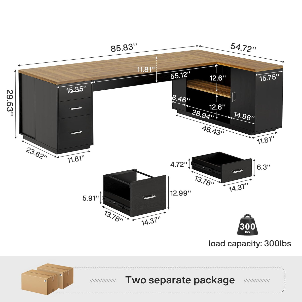 Tribesigns 85.8-Inch L-Shaped Executive Desk, Extra Large Modern Office Desk with File Drawers, Door Cabinet & Shelves, Commercial Office Table, Home Business Workstation, Brown & Black