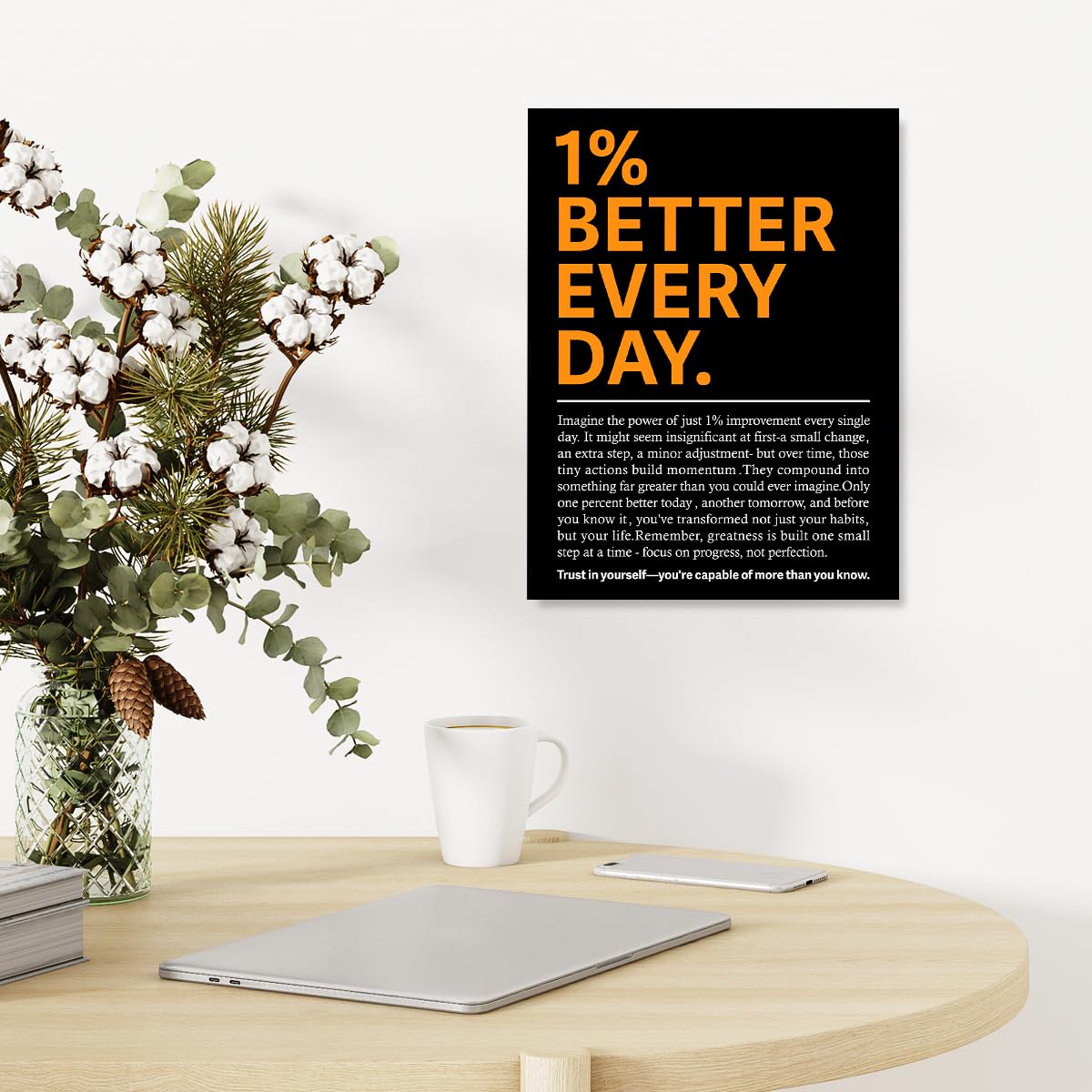 YEOION 1% Better Every Day Wall Decor,Black Motivational Quote Wall Art Canvas Frame Print for Home Office Workplace Wall Decor