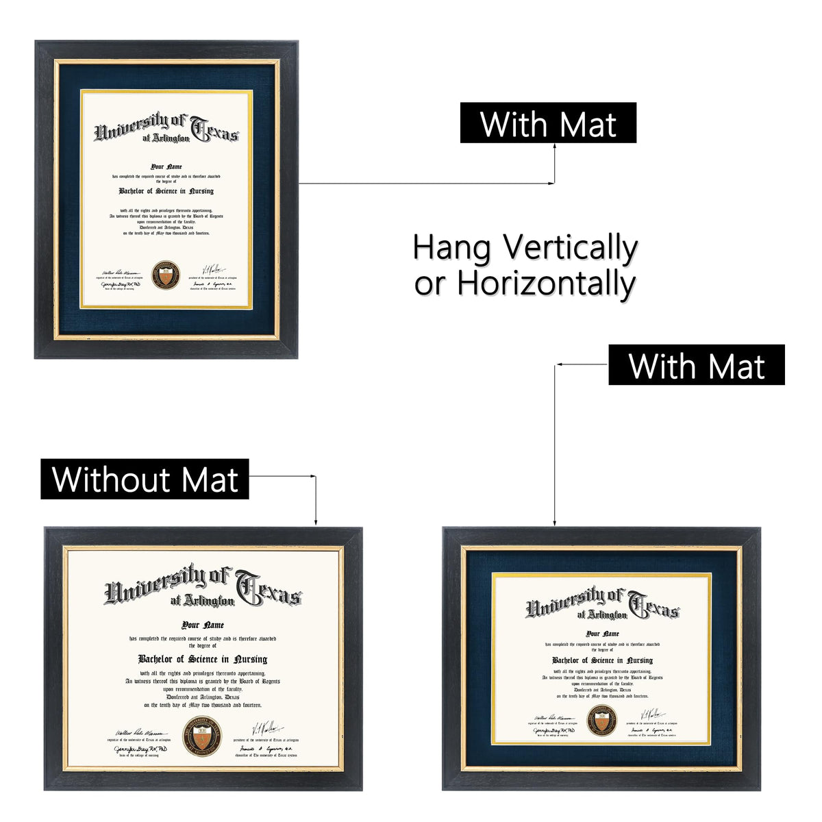 GMFrames 8.5x11 Wood Diploma Frame with Navy Mat or Display 11x14 Certificates without Mat,Tempered Glass,Rustic Black Finish with Gold Trim
