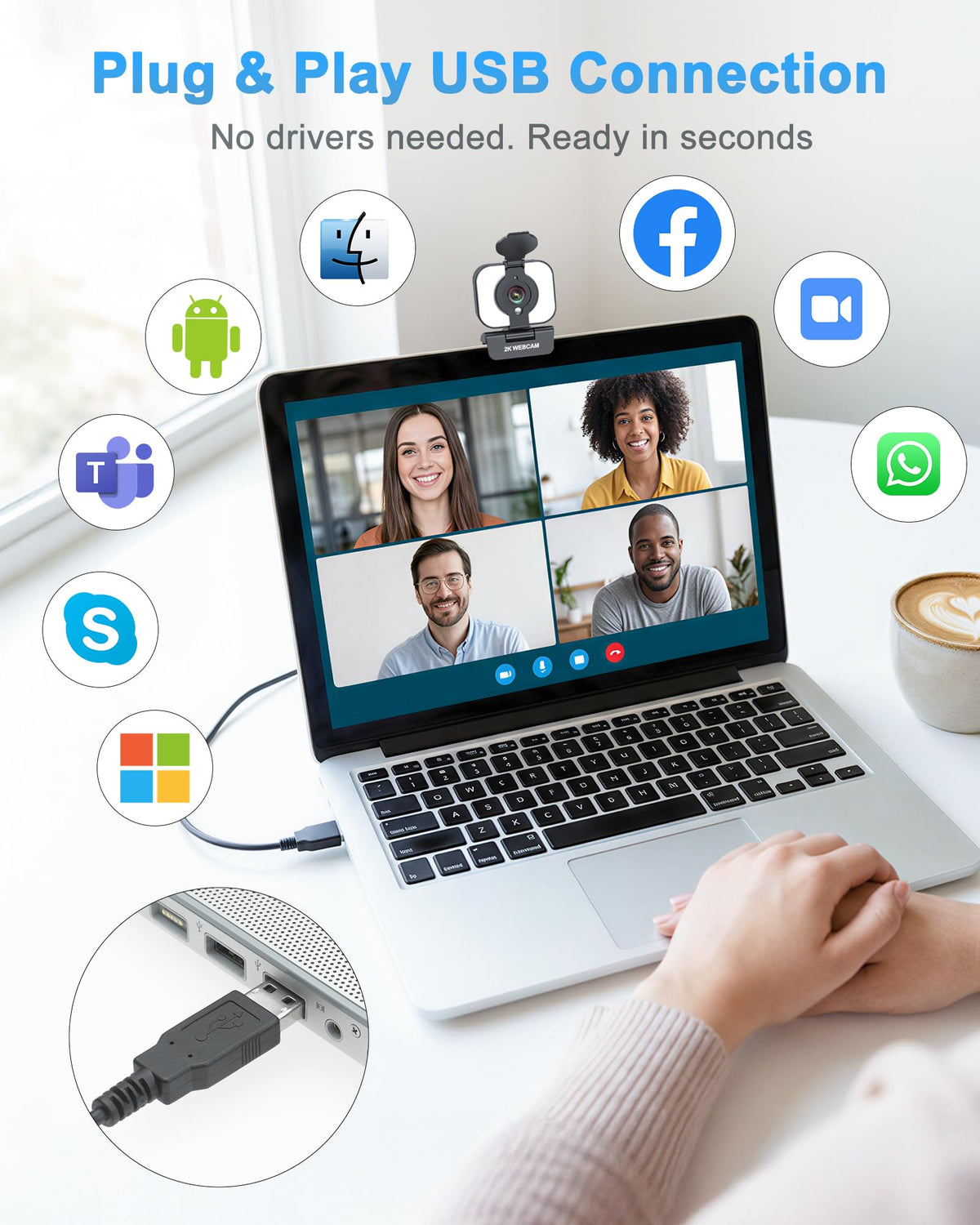 Atatat 2K Webcam for PC with Microphone & Light & Privacy Cover, Web Camera for Desktop/Laptop/Monitor/Mac, Autofocus USB Computer Camera for Zoom/Skype/Teams/Video Calling/Meeting/Streaming