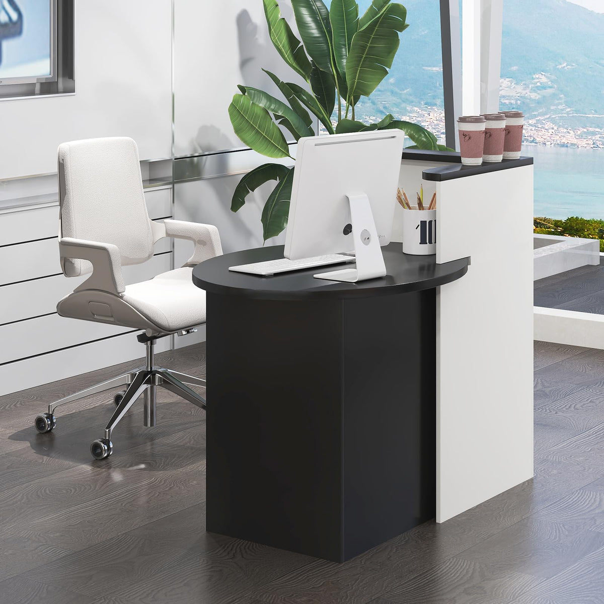 Tangkula Reception Desk, Front Counter Desk with Lockable Drawer & Adjustable Shelf, Oval Desktop, Retail Counter for Checkout, Computer Workstation for Salon Lobby Office, Home Office Desk