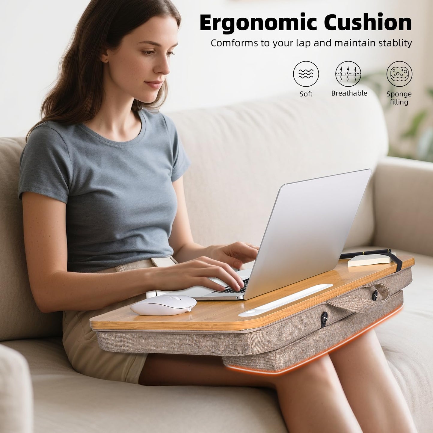 Wishacc Portable Bamboo Lap Desk Tray, Natural Wood, Large 21.1 x 12.9 Inch, for Home Office