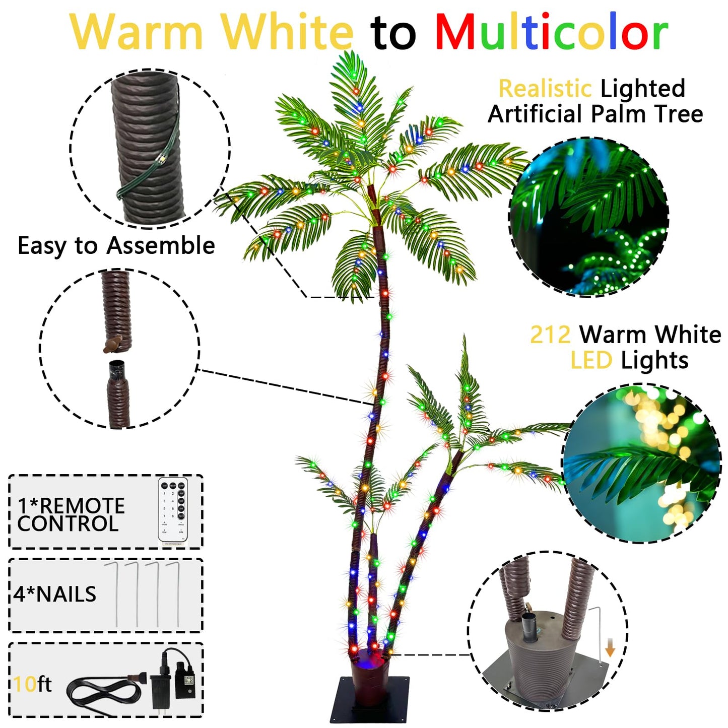SOSHOT 6FT Lighted Artificial Palm Tree with Three Trunks and 212 LED Lights with Remote Control and App Waterproof for Tiki Bars, Patios,Beaches,Yards Pool, Cruise Party-Warm White to Multicolor