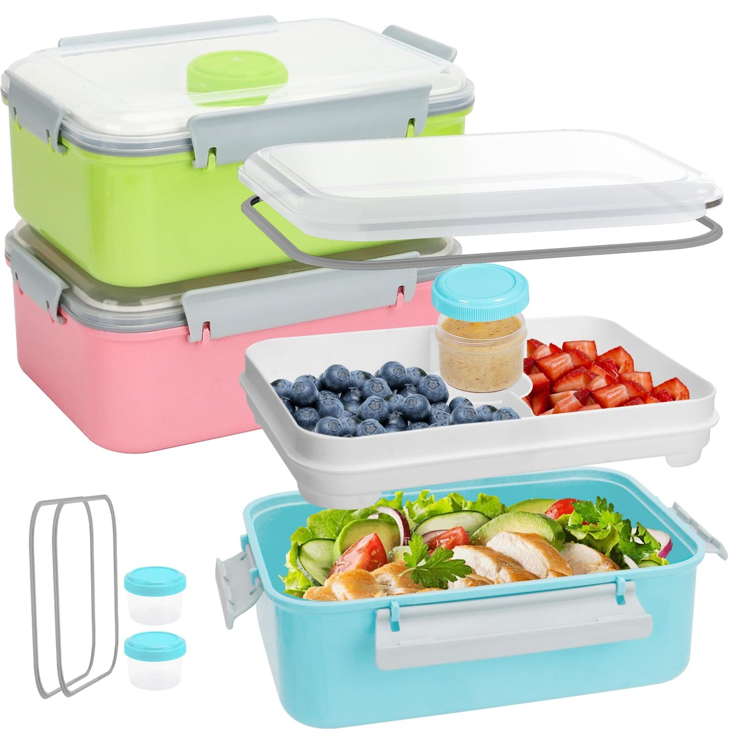 3 Pack Salad Lunch Box Food Storage Containers, 47oz Bento Box To Go Container with Lids, ReusableMeal Prep Containers with Removable Tray & Dressing Pots for Kids and Adults, Microwavable