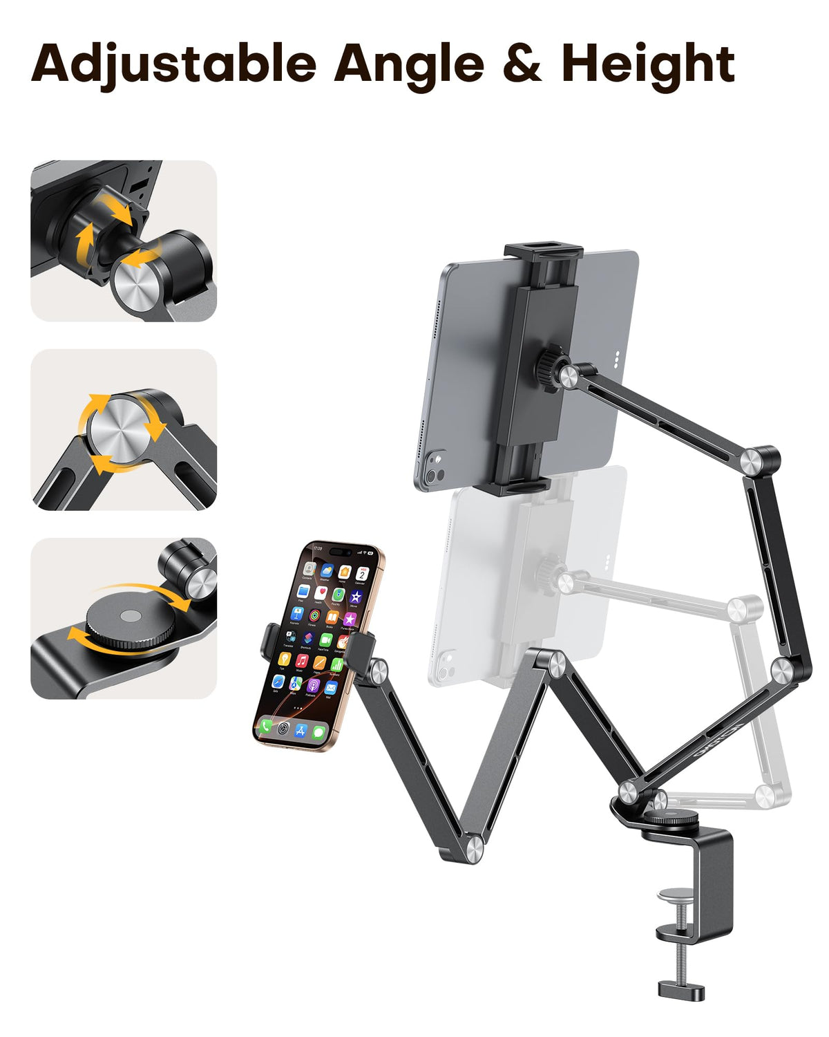 OMOTON Adjustable Tablet Stand for iPad, Desk Phone Holder for Bed with 2 Clamps, Flexible Aluminum Alloy Mount with 360° Rotation for 4-13" Devices (Black)