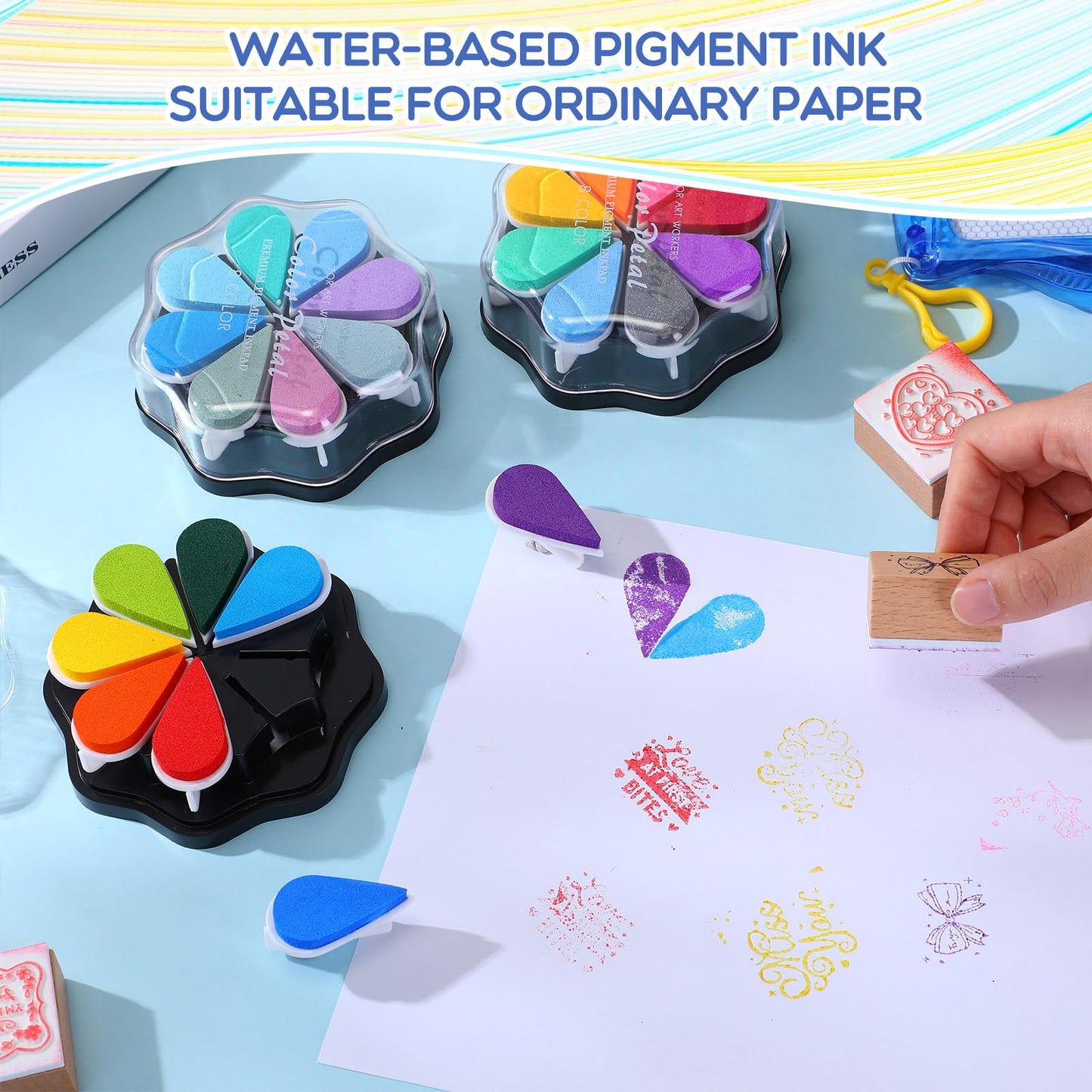 Jetec 3 Pack Petal Ink Pads Finger Ink Stamp, Rainbow Rubber Stamps Washable Waterdrop Shaped Stamp Pads for Card Making, Scrapbook, Painting(Classic 24 Colors,3 Packs)