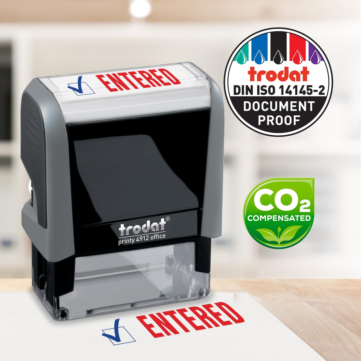 Trodat Printy 4912 2-Color Message Stamp - Self-Inking, Red and Blue Ink, Impression Size 3/4" x 1-7/8" (Entered)