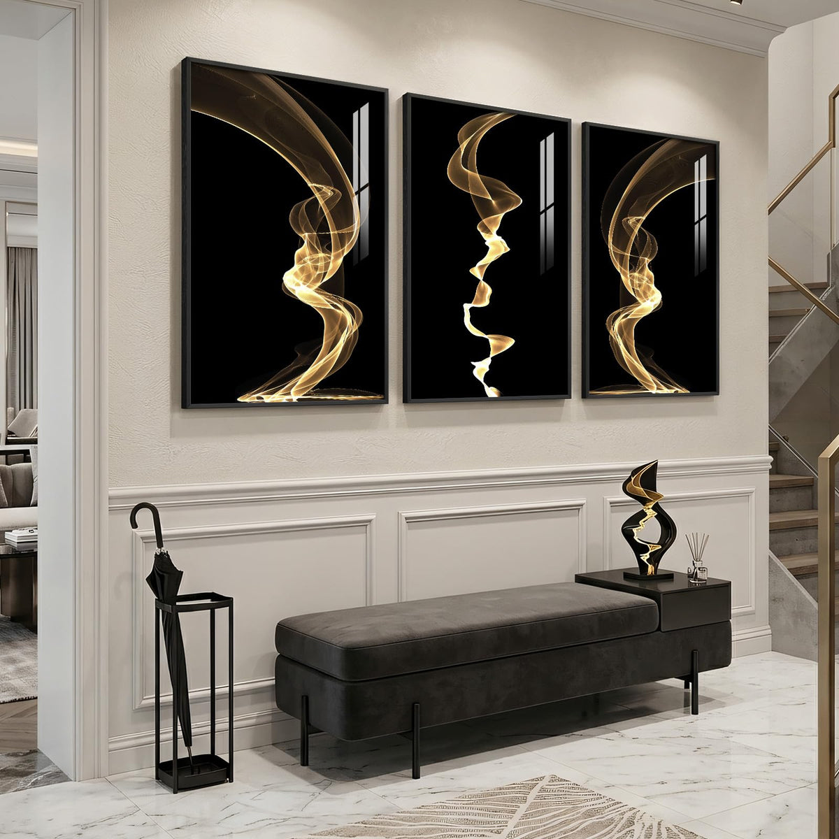 3 Piece Large Framed Abstract Wall Art for Living Room, Black and Gold Modern Artwork for Walls, Contemporary Luxury Bright Style Pictures Prints Paintings for Hallway Office Wall Decor 24x36 Inch