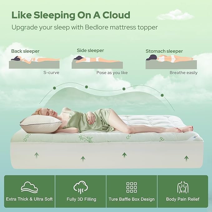 BEDLORE Twin Mattress Topper Viscose Derived from Bamboo, Thick Pillow Top