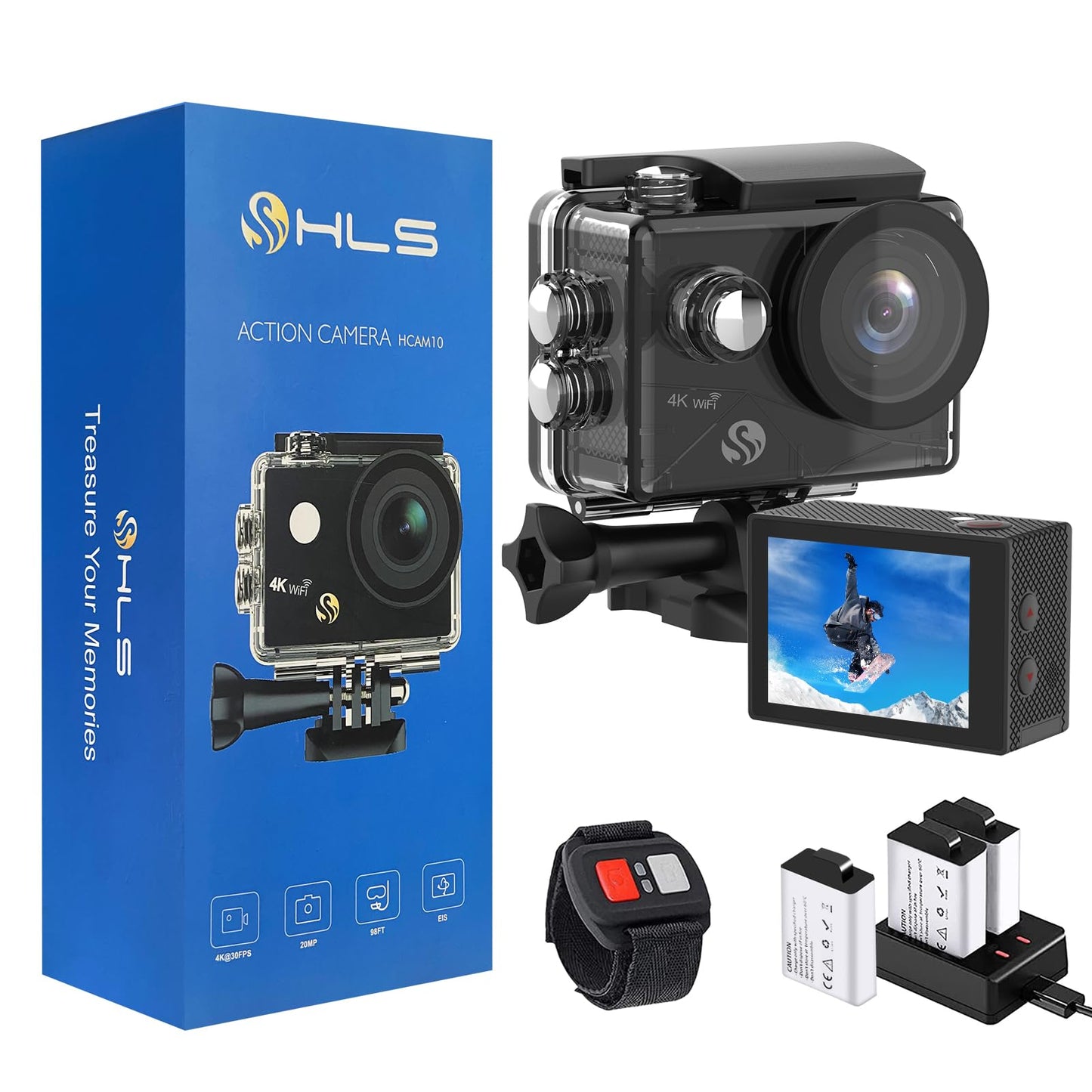 HLS Waterproof Action Camera 4K Stabilization with 2 Batteries 1350mAh for Video,4K WiFi Remote Underwater Cameras with Wide Angle Lens HD,Sports Action Video Cameras with Accessories Mount Kit