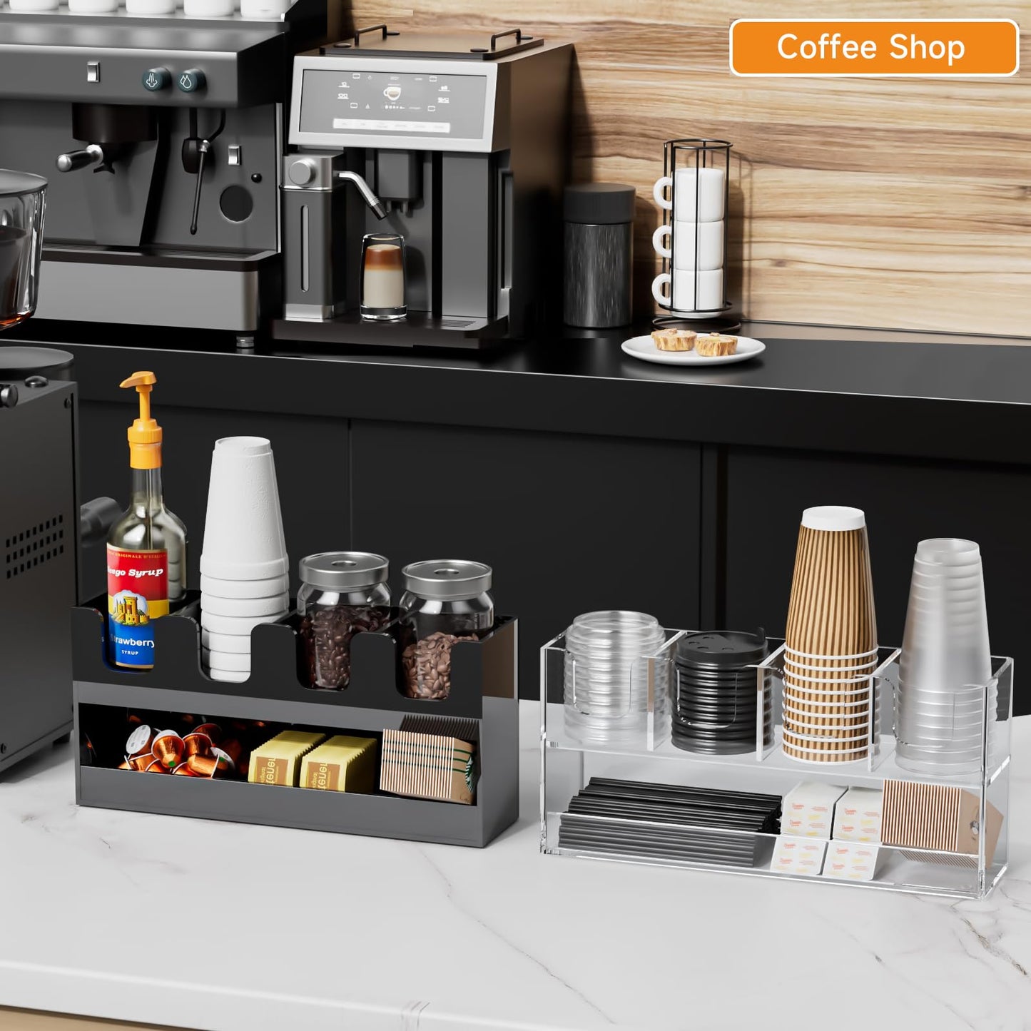 Beego 5-Compartment Cup Holder for Countertop - 2-Tier Clear Acrylic Cup Dispenser Coffee Station Paper Cup and Lid Organizer Condiment Storage for Restaurant Breakroom Kitchen Bar Accessories