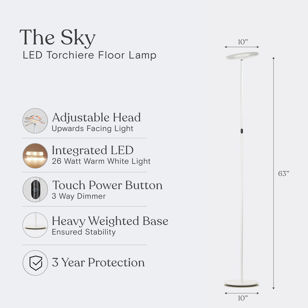 Brightech Sky LED Floor lamp, Torchiere Super Bright Floor Lamp for Living Room Decor & Office - Dimmable, Tall Standing Lamp with Warm Light for Bedroom & Reading - White