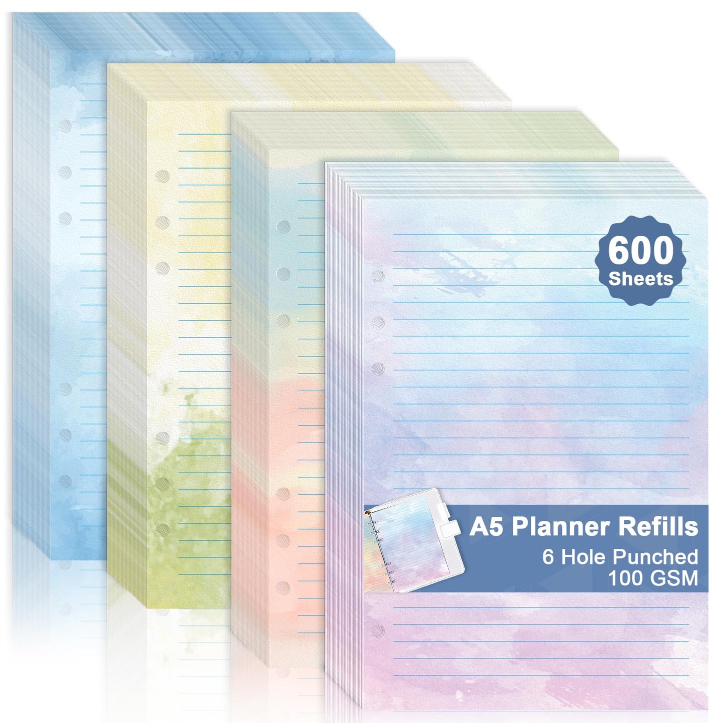 600 Sheet Watercolor A5 Refill Paper for Planner Inserts 6-Hole Loose Leaf Lined Filler Paper A5 Refillable Notebook Planner Accessories 100GSM for 6 Ring Binder Budget Planner Journal 5.6" x 8.2"