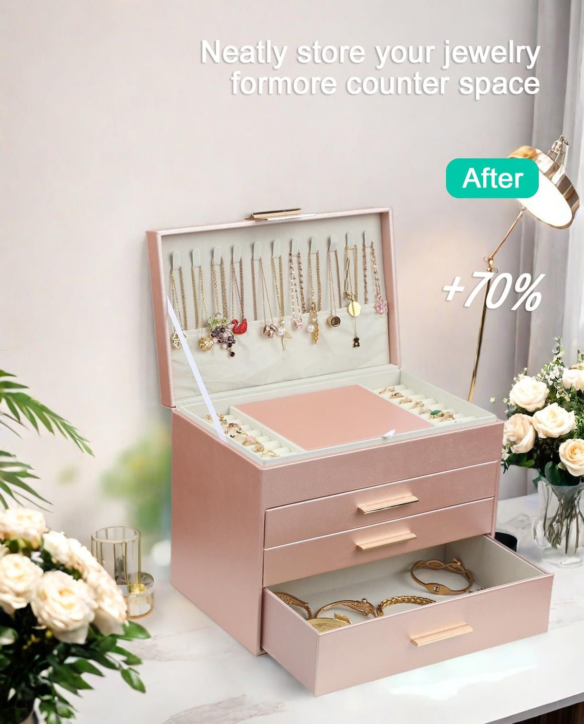 BOOVO Jewelry Boxes for Women, 5 Layer Jewelry Organizer with Necklace Hanger and Drawers, Large Jewelry Box for Earrings, Necklace and Bracelet Storage Gifts for Women and Girls (Rose Gold, 5 Layer)