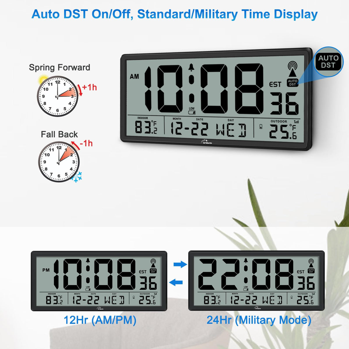 WallarGe Atomic Clock with Indoor Outdoor Temperature - Easy to Read - Self Setting, 14.5'' Jumbo Auto Set Digital Wall Clock Battery Operated