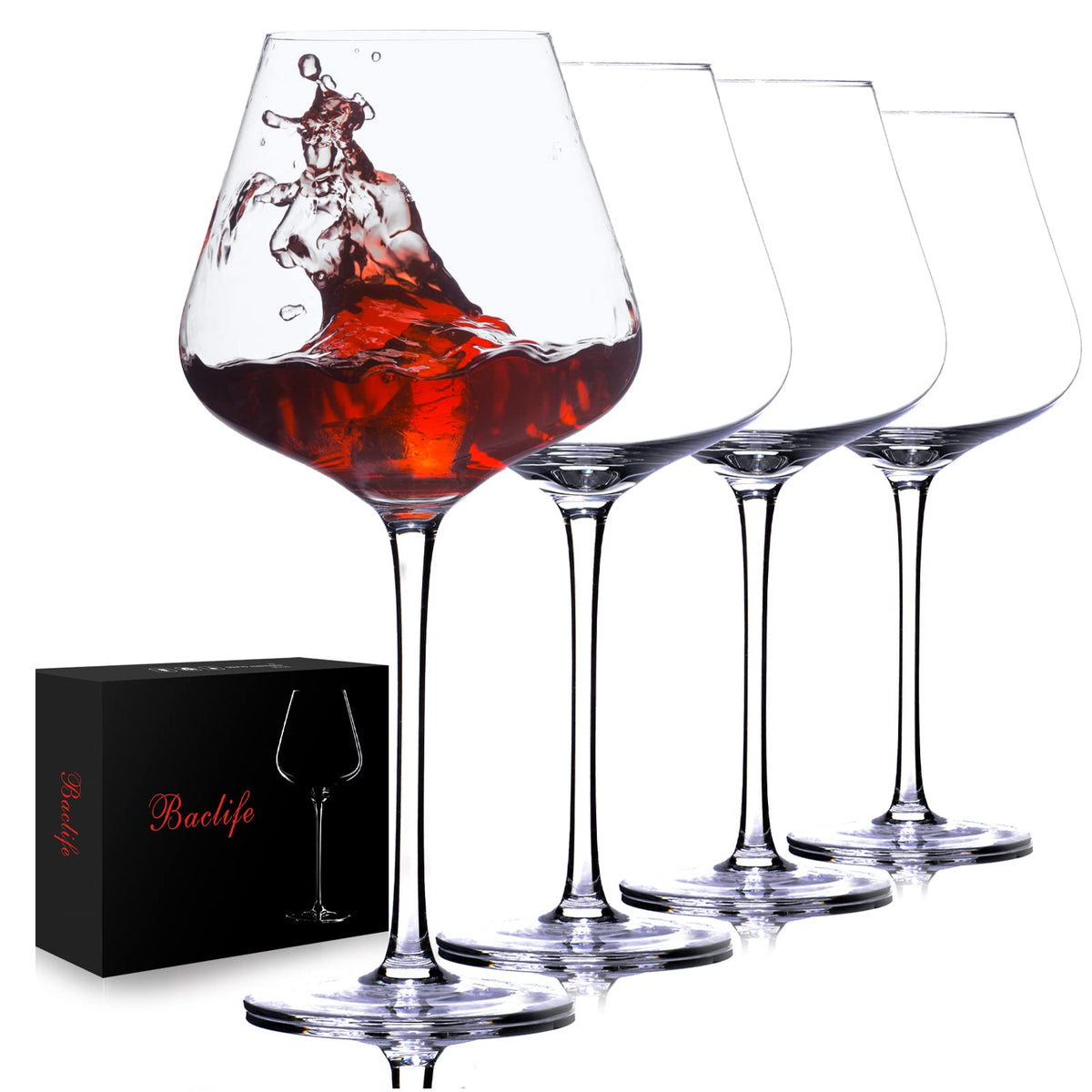 BACLIFE Hand Blown Red Wine Glasses Set of 4 – 23 oz Burgundy Wine Glasses With Long Stem – Large Premium Crystal Wine Glass – Unique Gift for Wedding, Anniversary, Mother’s Day – Clear