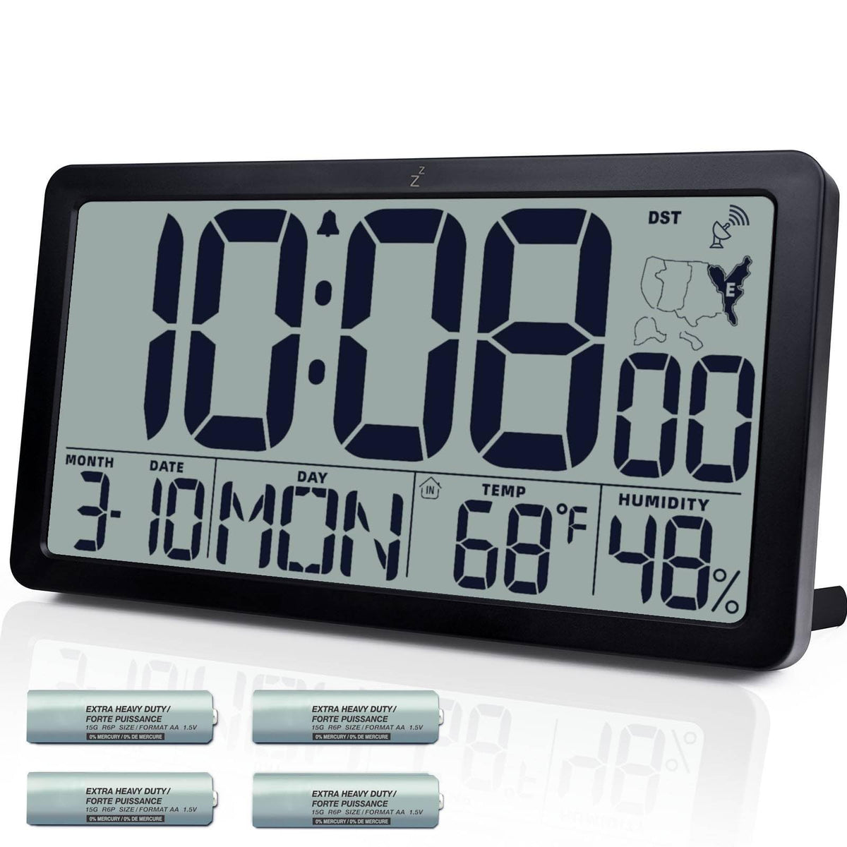 Atomic Wall Clock Battery Operated,10.5 inch Digtial Desk Clock with Temperature and Humidity,Self-Setting Alarm Clocks with 57 Ringtones,Auto DST, Large LCD Display for Seniors Batteries Included