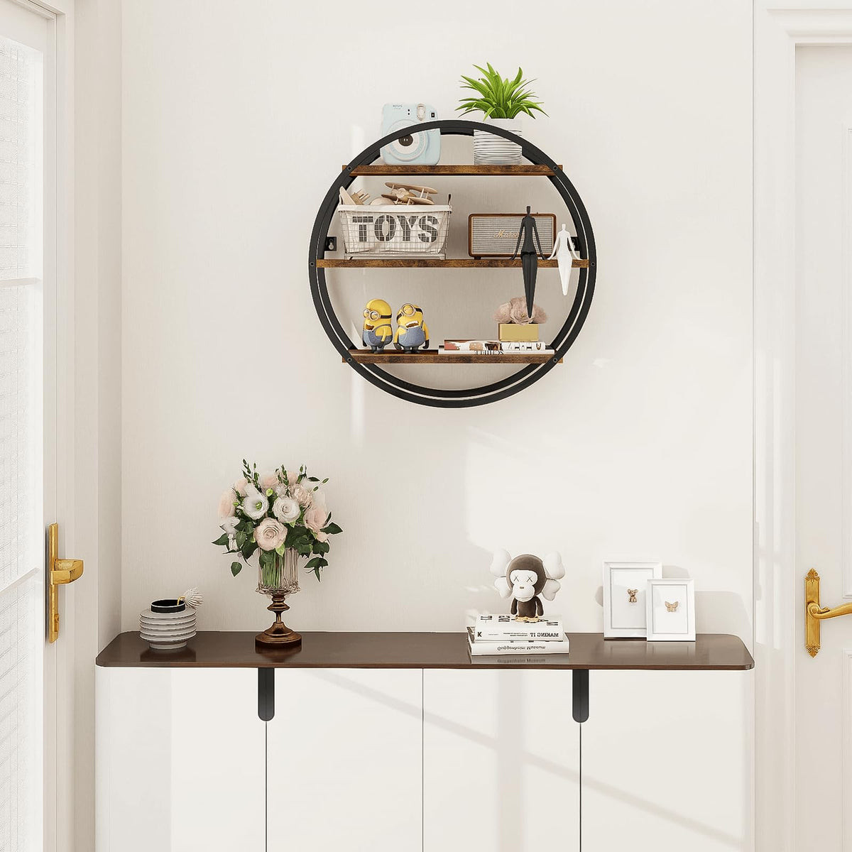 BCOZLUX Floating Shelves, 3 Tier Decorative Geometric Circle Metal and Wood Wall Shelves, Bathroom Shelf Round Wall Decor, Rustic Brown