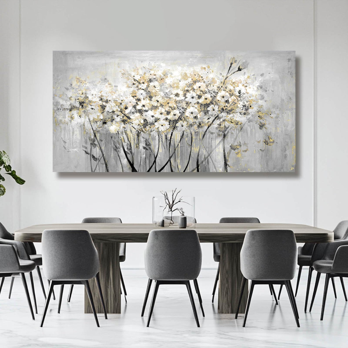Flowers Canvas Wall Art White Paintings Grey Gold Contemporary Artwork Master Bedroom Wall Decor 29"x 58" Large Framed Art for Living Room Office Home Decor