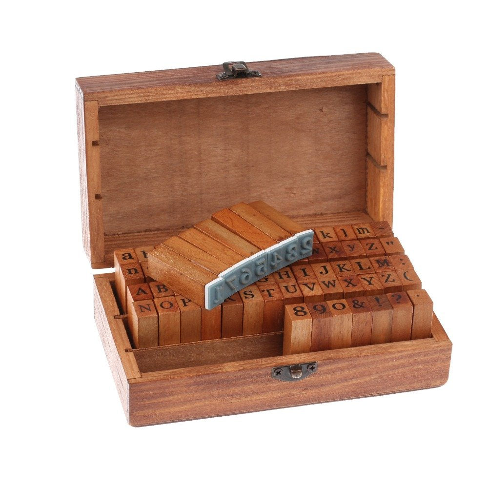 70 Pcs Wooden Rubber Stamps Number and Alphabet Letter Wood Rubber Stamps Set Wooden Rubber Number Letter, Stamper Seal Set with Wooden Box Vintage DIY