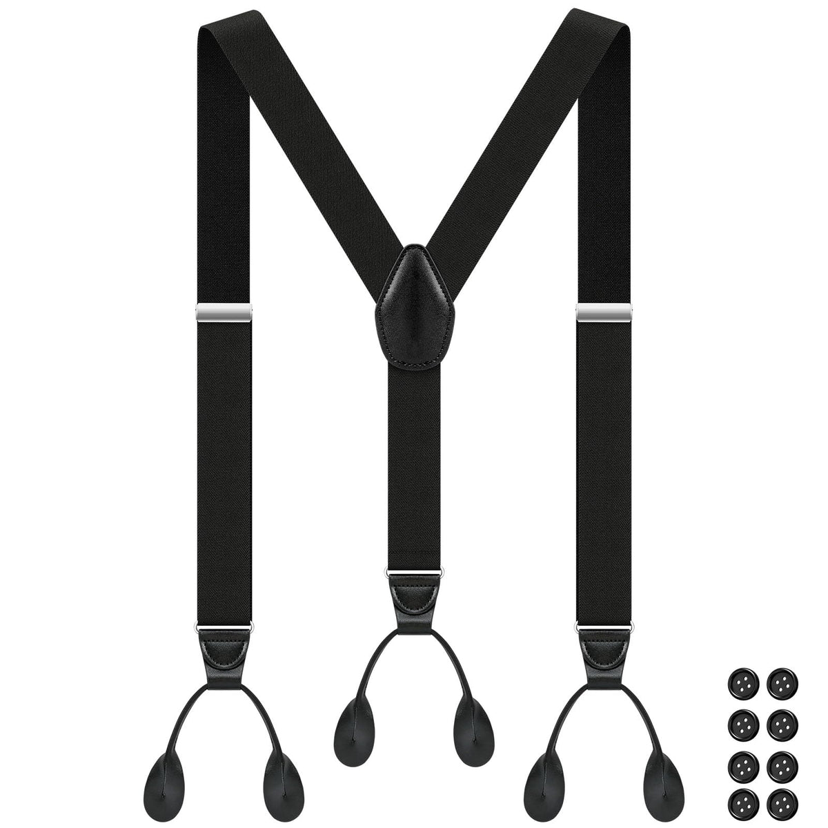 Button Suspenders for Men Y-Back 1.4 Inches Wide Leather Button End Elastic Adjustable Suspenders for Men Tuxedo Black Braces