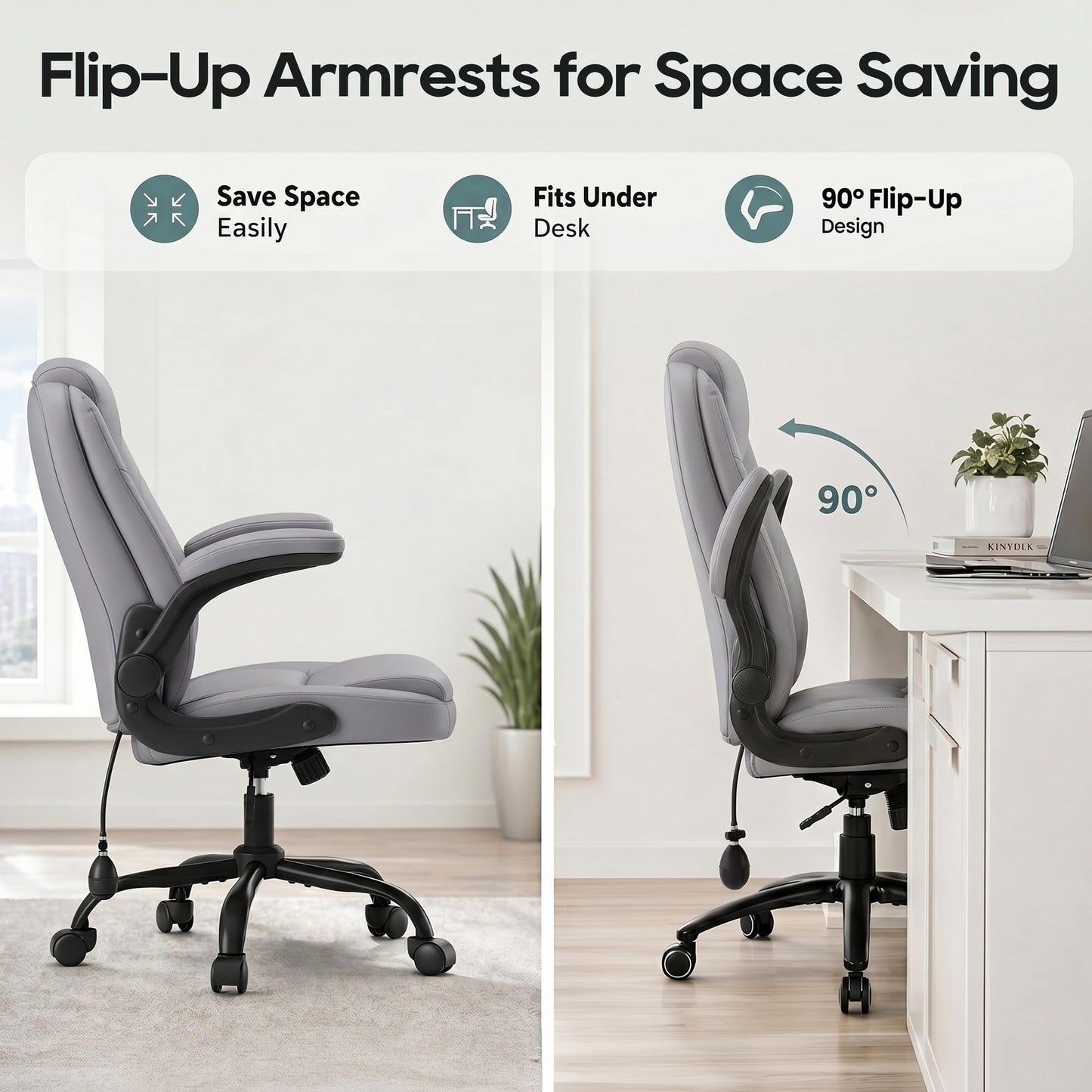 MALOL Leather Office Chair, Computer Desk Chair with Adjustable Lumbar Support, Thick Cushion, Flip-Up Arms and Ergonomic Back, Comfy Executive Office Chair for Home Office Gaming,Grey