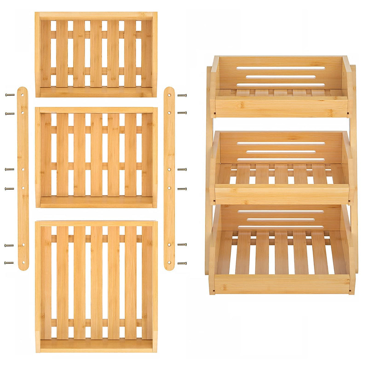 Merysen Large 3 Tier Bamboo Fruit Basket Stand for Kitchen Countertop – Fruit Holder – Suitable for Bread, Vegetables, Produce, Home Storage and Display