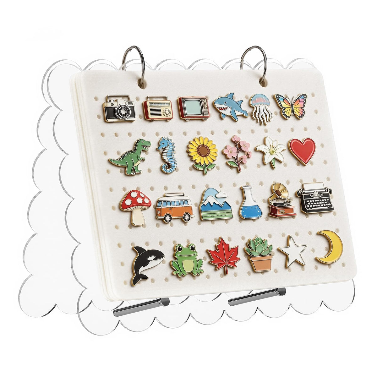 Beautiful Pin Display Organizers,Acrylic Scalloped Cover Brooch Pin Holder with 6 Pages,Pin Collection Storage Calendar,Enamel Pin Display Pages for Store 180+ Pins