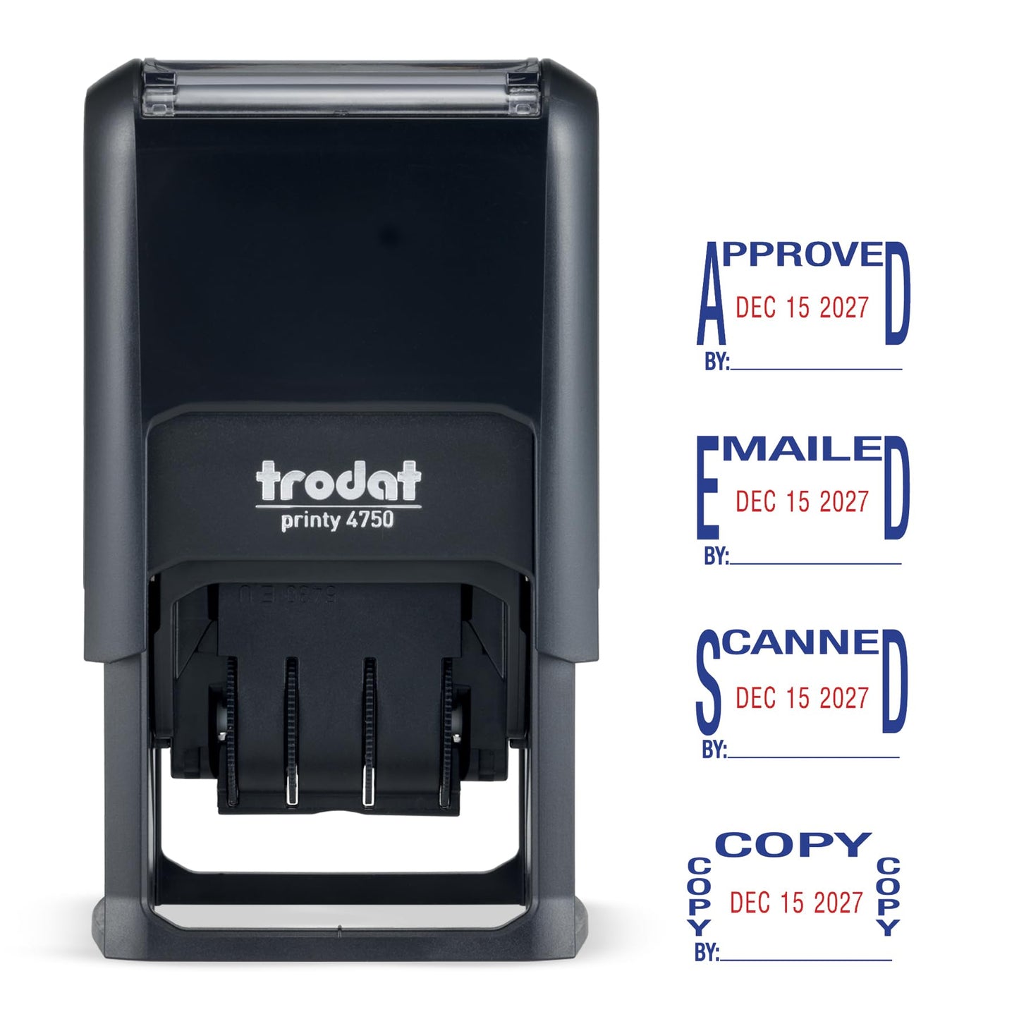 Trodat Printy 4750 Self Inking Date Stamp with Approved, Copy, EMAILED, Scanned – Blue and Red Ink, 1" x 1-5/8"