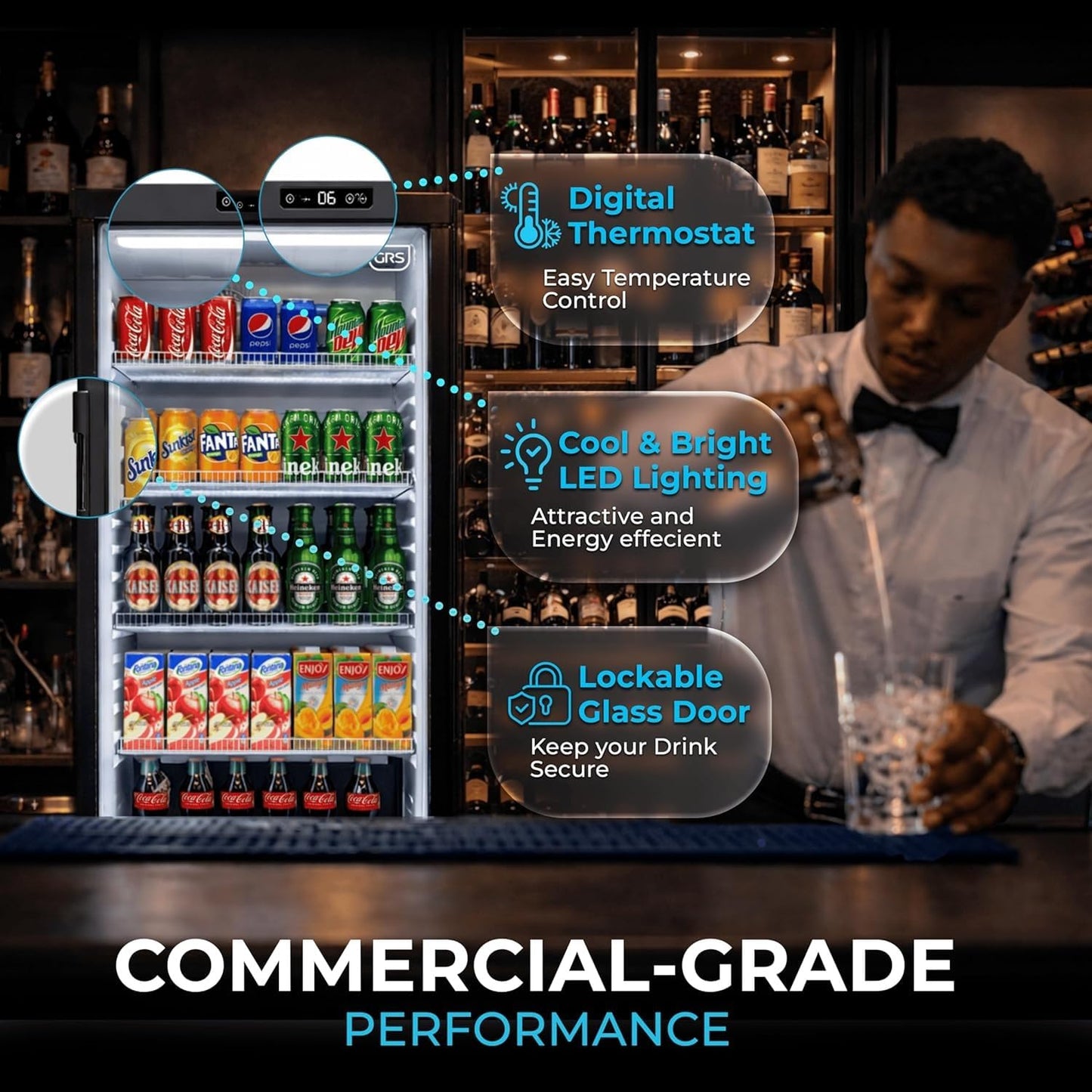 GRS Commercial Display Refrigerator with Glass Door Lock | Cool Air Flow & Temperature | Beverage Cooler, Drink and Wine Fridge with Adjustable Display Shelf for Stores and Bars | Black, 6.0 Cu. Ft