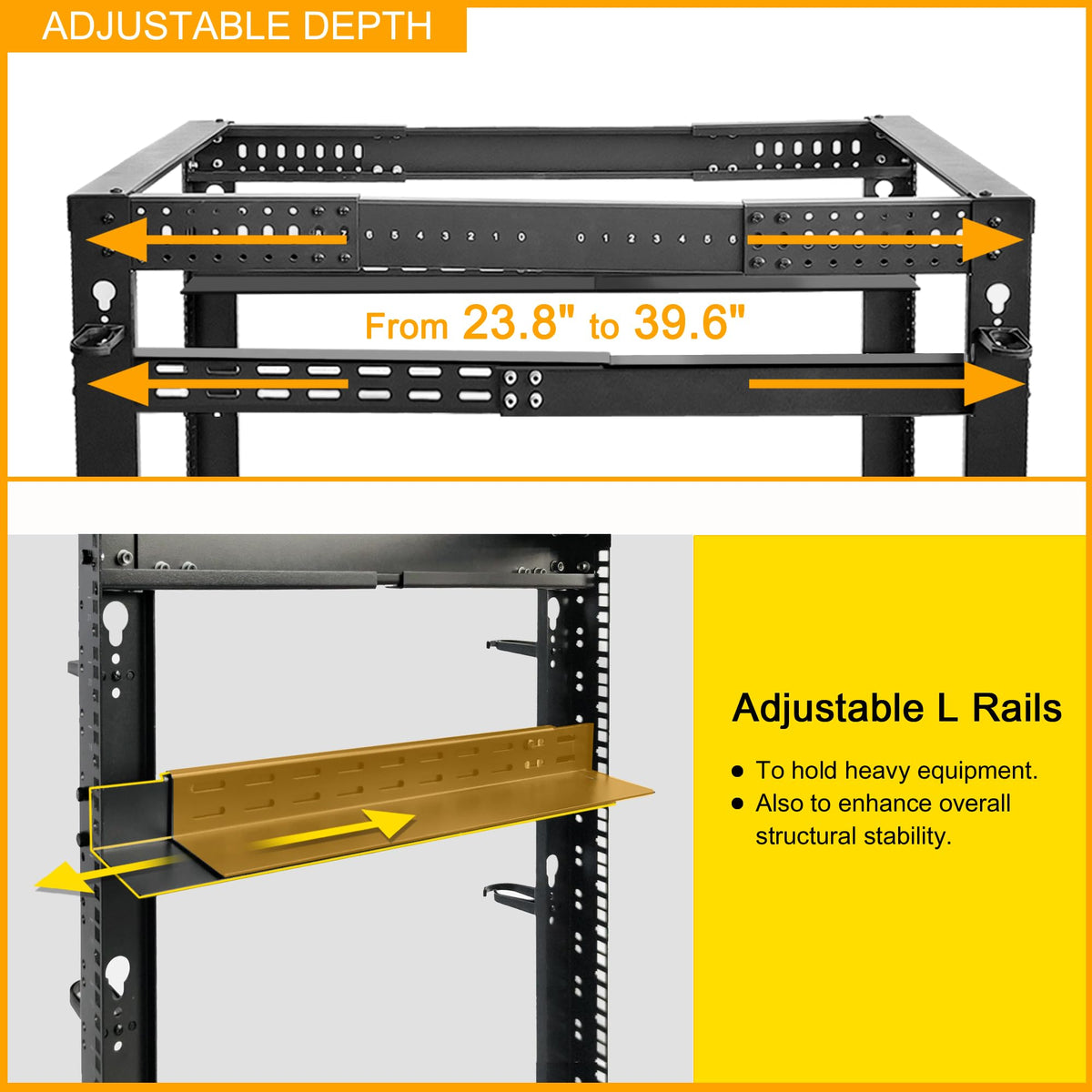 RIVECO 12U 19” Adjustable Depth Server Rack Support Up to 1700LBS Floor Standing 4 Post Rack with L Rails & Load-Bearing Casters Universal for Network Equipment Black
