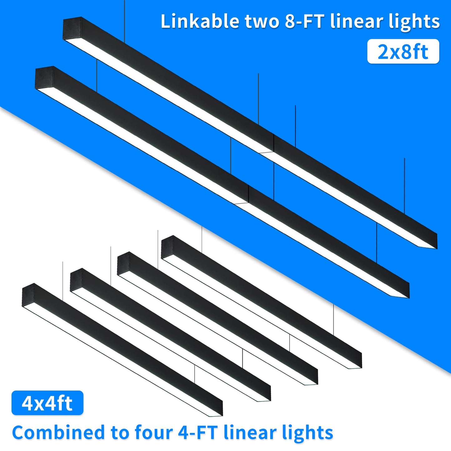 4FT LED Linear Light Fixture, 50W Dimmable Linkable Lights, 3000k-6500K Adjustable Color Temperature Hanging Lighting, Modern Suspended Lamp with APP & Remote Control for Shop Gym Office, 4 Packs