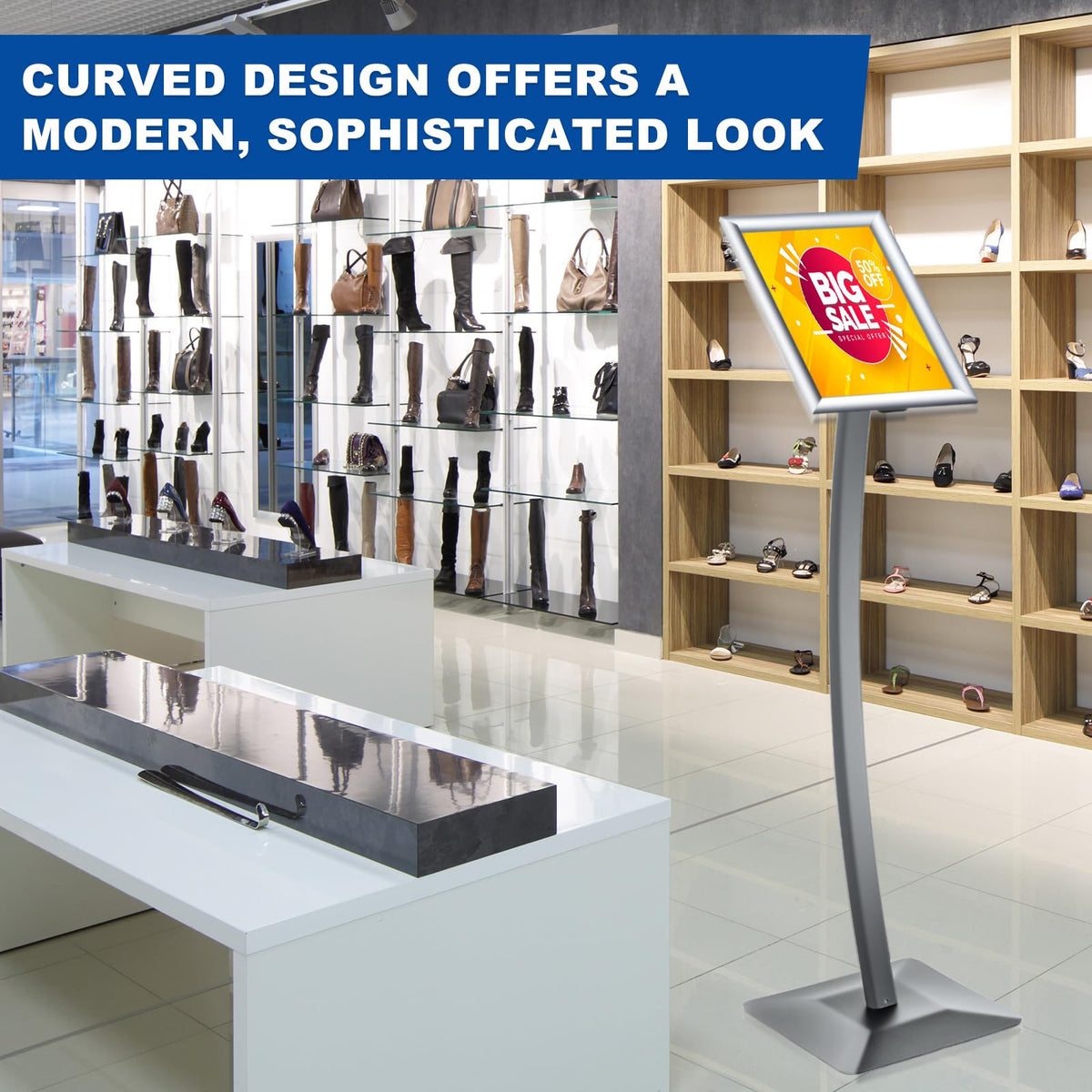 Adjustable Displays Curved Menu Board Heavy Duty Pedestal Sign Floor Standing Aluminum Front Loading Easy Open Poster Message Advertisement Holder for Restaurant Cafe Hotel(Silver,8.5 x 11 Inches)