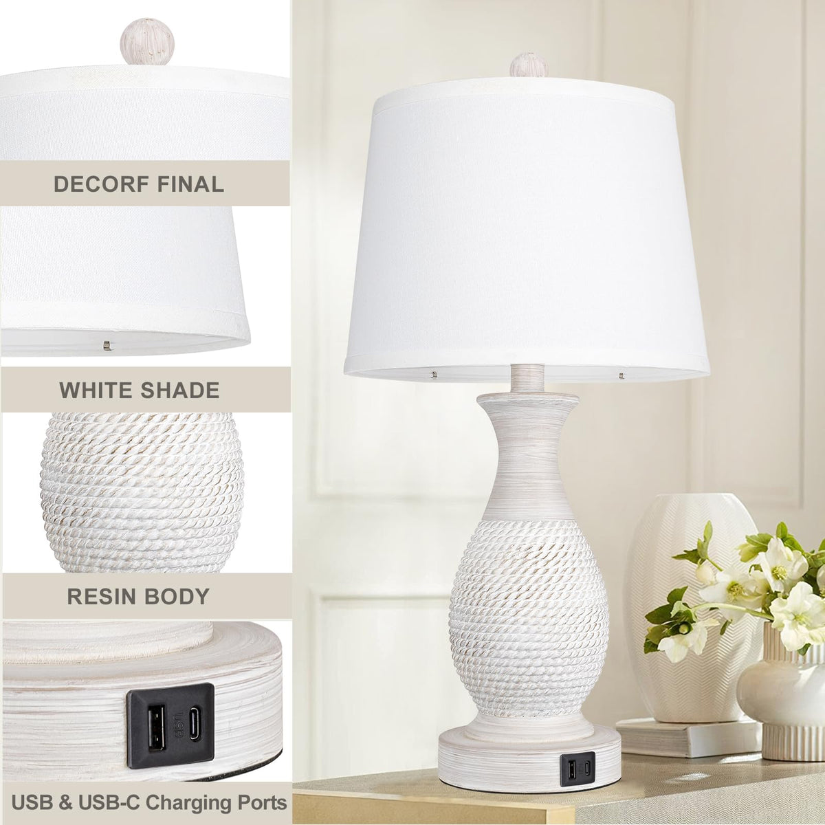 PARTPHONER Table Lamps Set of 2, Bedside Touch Lamp with USB C+A Charging Ports, Side Table Lamp with White Fabric Shade (LED Bulbs Included)