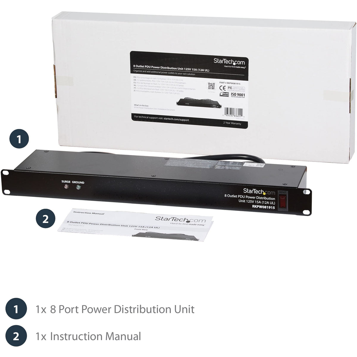 StarTech.com 8 Outlet Horizontal 1U Rack Mount PDU Power Strip for Network Server Racks - Surge Protection - 120V/15A - w/ 6ft Power Cord (RKPW081915)