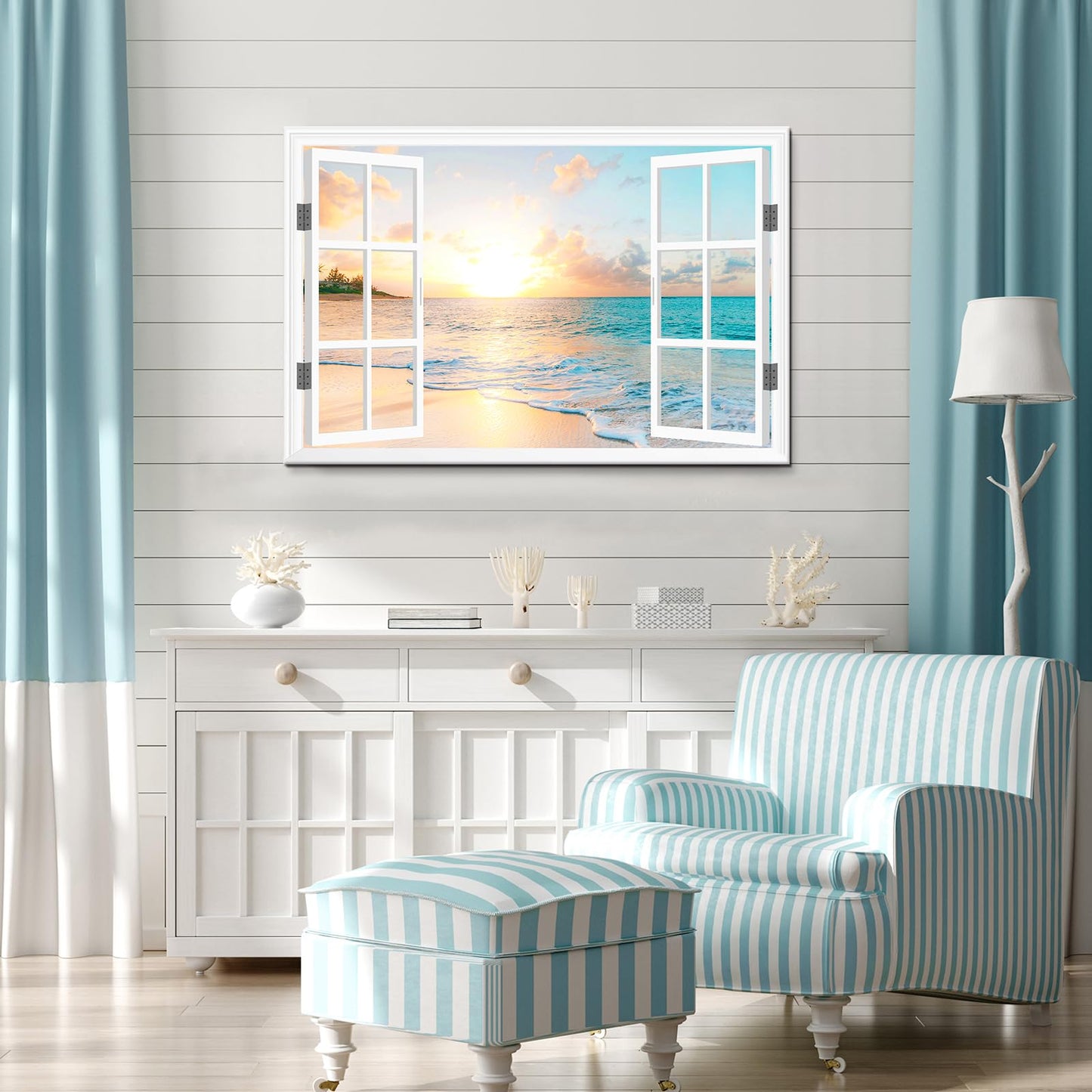 Goldfoilart Ocean Beach Sunset Canvas Wall Art for Bedroom Window Pictures Seagull Seascape Paintings Coastal Picture Framed Artwork for Bathroom Living Room Office Decor 36" x 24"