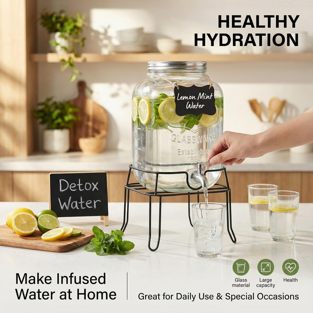 2 Gallon Glass Drink Dispenser,Beverage Dispenser with Stand,Lemonade Dispenser with 304 Stainless Steel Spigot Leakproof for Entertaining Guests, Picnic,Hosting Parties