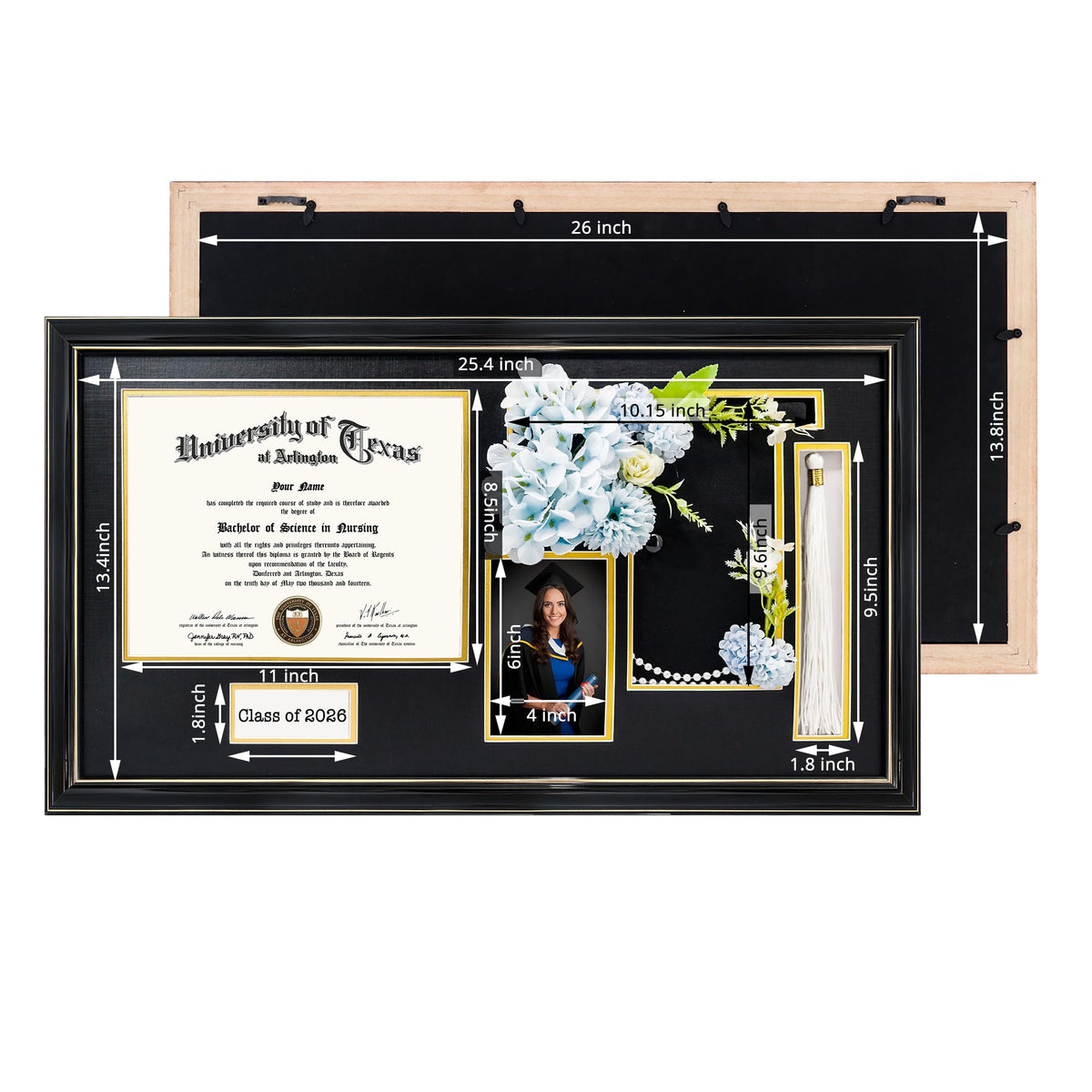 GraduationMall Class of 2026 Graduation Shadow Box Frame for 8.5x11 Diploma, 4x6 Picture with Cap & Tassel Holder, Black Wood Display Case with Black Gold Mat