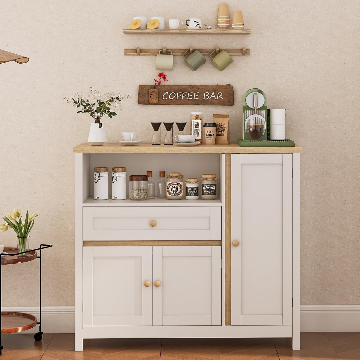 Viaozutis Storage Cabinet with Doors and Drawers,Kitchen Storage Cabinets，with Drawer and Adjustable Shelf（White）