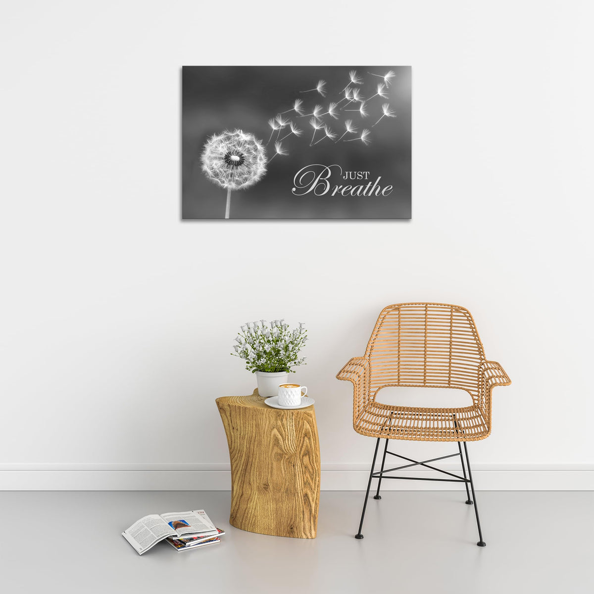 SKASNFAI Black and White Dandelion Zen Wall Art Canvas Just Breathe Motivation Positive Picture Art Print for Spa Yoga Meditation Wall Decor Ready to Hang (12L x 16W)