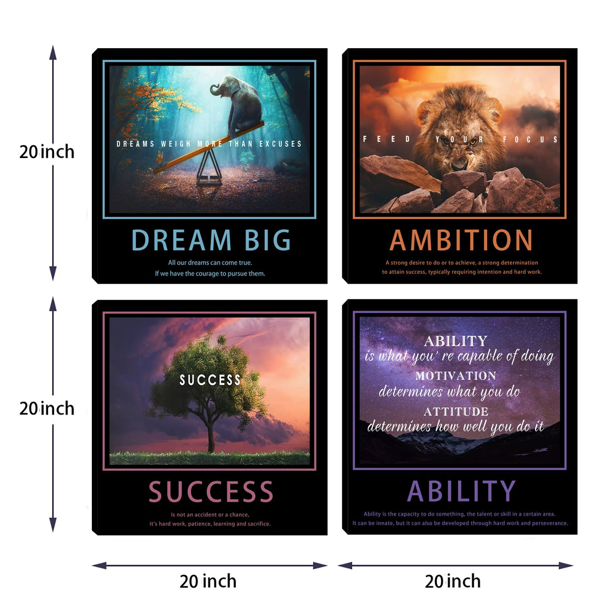 Motivational Wall Decor Art Office Wall Decor Inspirational Wall Art Success Canvas Paintings Quotes Posters Wall Picture 4 Pieces Framed Artwork Living Room Bedroom Home Decoration 20"x20"x4pcs
