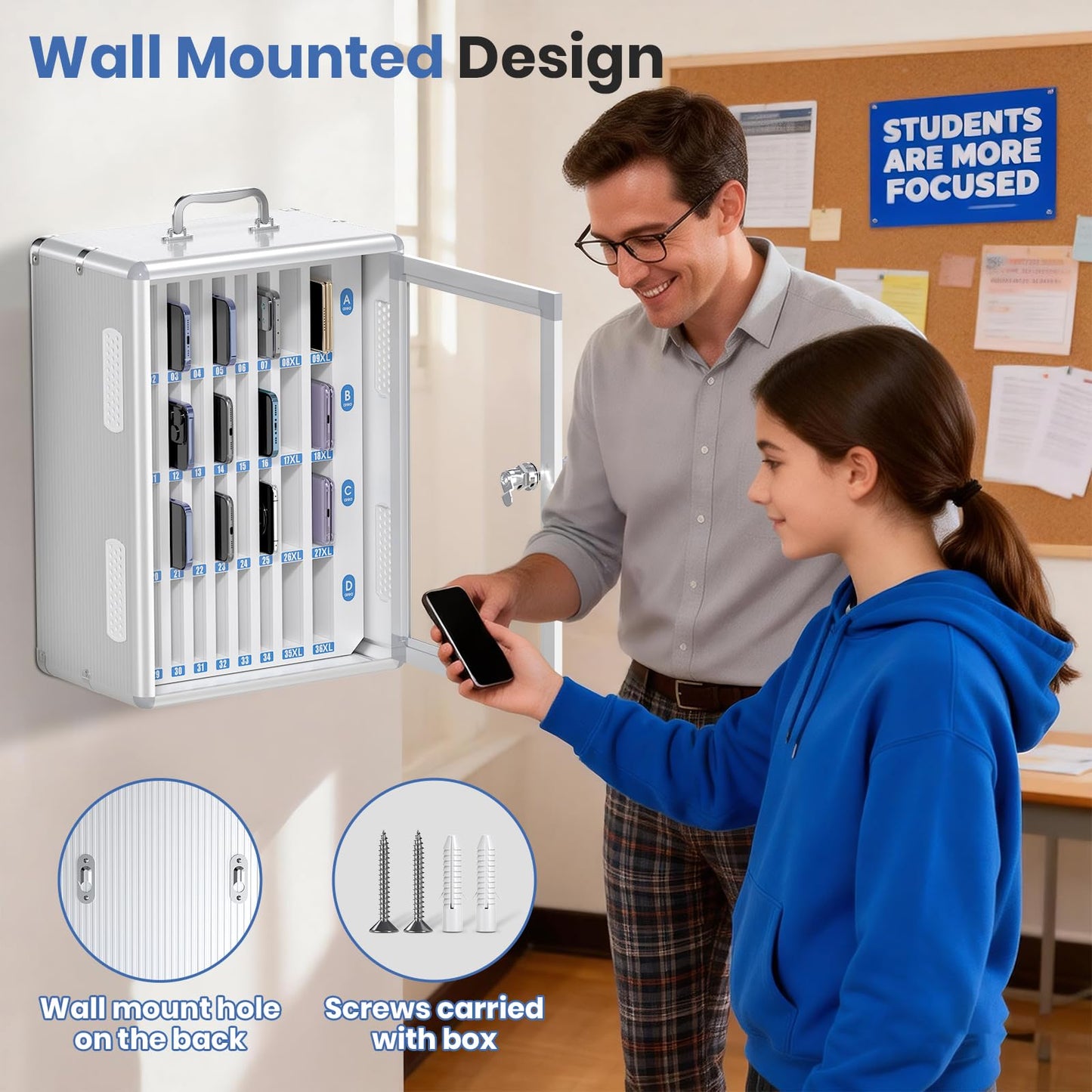 Lockbako 36 Slots Cell Phone Locker for Classroom, Portable Mobile Phone Storage Box with 【2 Different Size Slots】, Phone Lock Box Wall Mounted (Silver)
