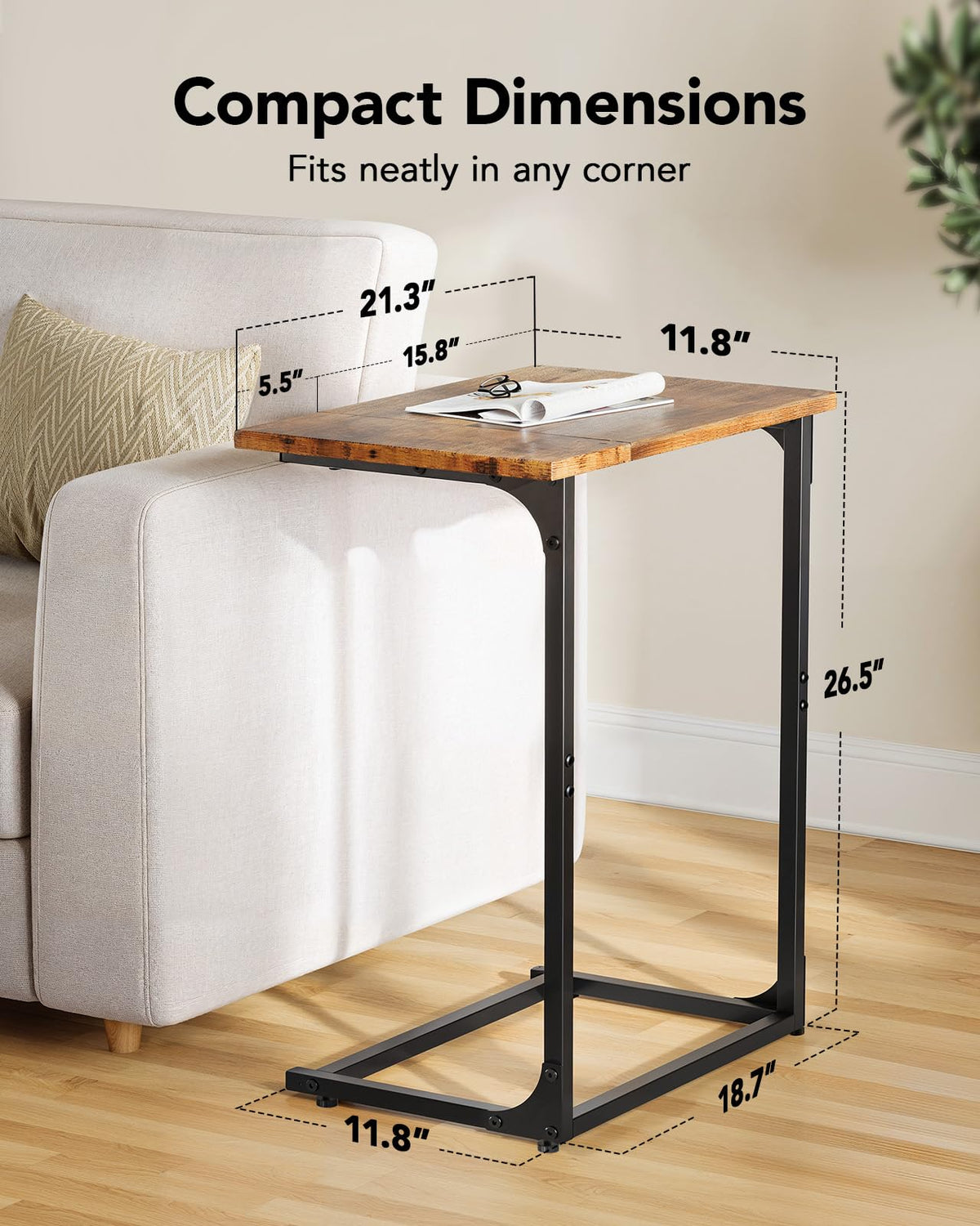 Pipishell C-Shaped Side Table, C Table for Sofa with Two-Piece Desktop & Metal Frame, Large Surface End Table for Living Room, Bedroom, Bedside, Rustic Design