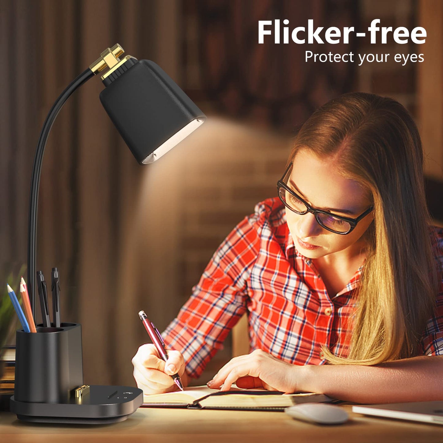 GONDSILY LED Desk Lamp with USB Charging Port Touch Control 3 Color Modes, Stepless Dimming,Eye-Caring LED Table Lamp for Home,Office,Bedroom,Reading,Work,Study,Gooseneck Lamp, 5V, 2.4A