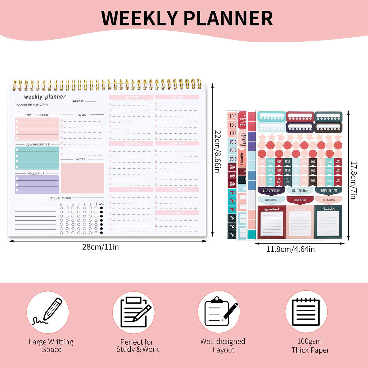 Weekly To Do List Notepad, 8.5''x11'' Weekly Desk Planners with 52 Tear Off Sheets Undated Planner Habit Tracker & Productivity Organizer for Home and Work, Pink
