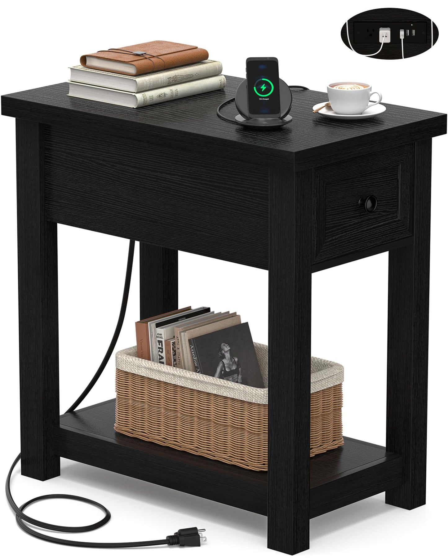 Armocity Narrow End Table with Charging Station - Farmhouse Side Table with Drawer, 14" Wide Wood Nightstand Slim Couch Bedside Table for Living Room Bedroom Small Spaces, Black