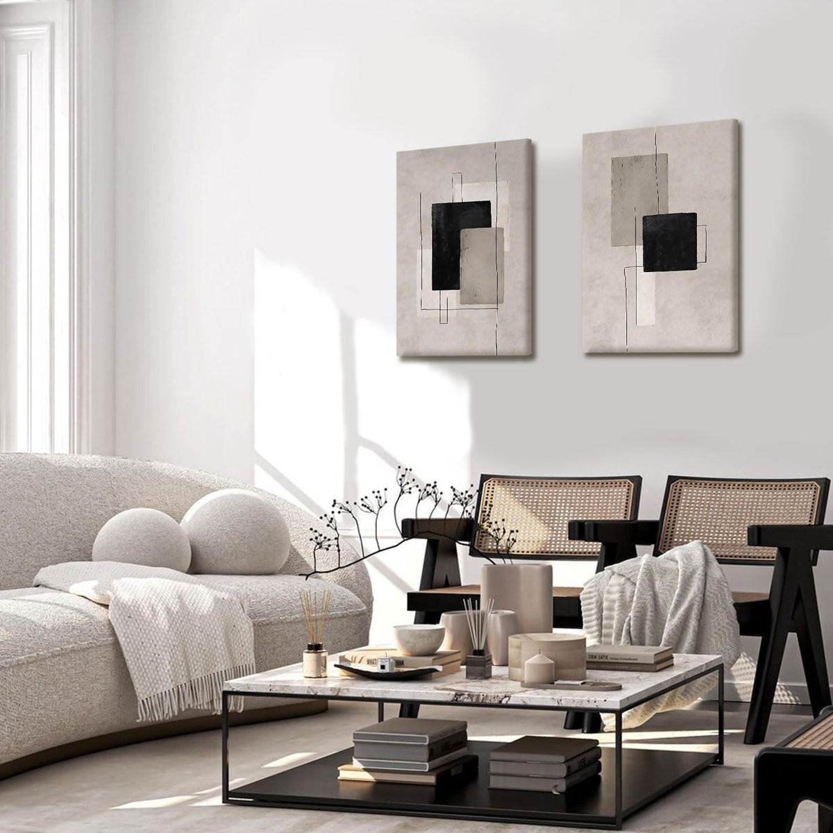 Kdyudo 2 Pcs Large Minimalist Block Line Canvas Framed Wall Art Neutral Abstract Print Poster Wall Decor Black Beige And Brown Geometric Square Line Painting Pictures Living Room Bedroom 12x16 Inch